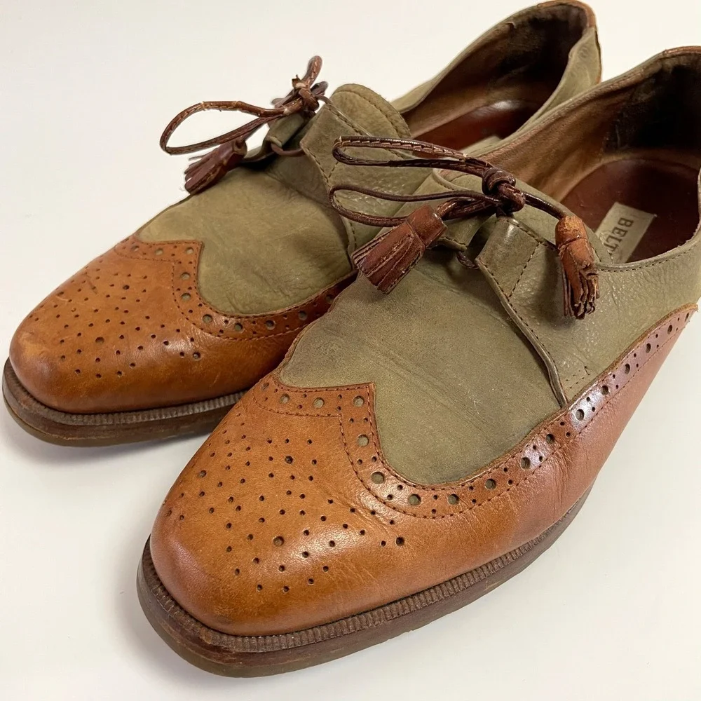 Beltrami Italian Leather Wingtip Oxfords Two Tone Green Brown Tassel Dress Shoes